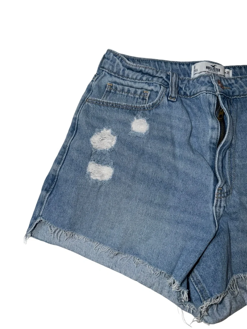Hollister Distressed High-Rise Denim Shorts - Medium Blue
